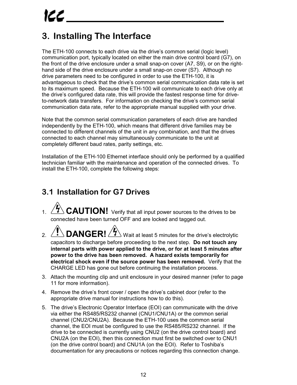 Installing the interface, Caution, Danger | 1 installation for g7 drives | Toshiba VF-A7 User Manual | Page 13 / 50