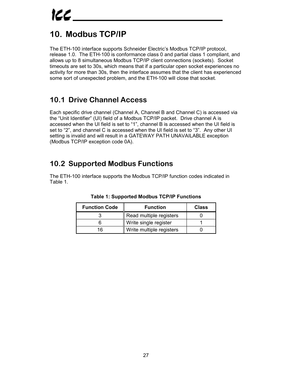 Modbus tcp/ip, 1 drive channel access, 2 supported modbus functions | Toshiba VF-A7 User Manual | Page 28 / 50