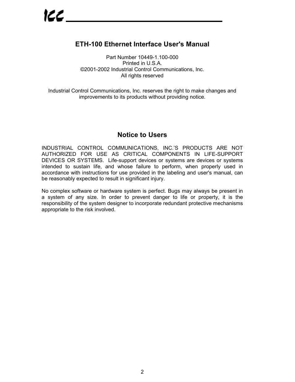 Eth-100 ethernet interface user's manual, Notice to users | Toshiba VF-A7 User Manual | Page 3 / 50