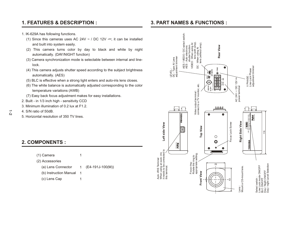 Features & description : 2. components, Part names & functions | Toshiba IK-629A User Manual | Page 4 / 9