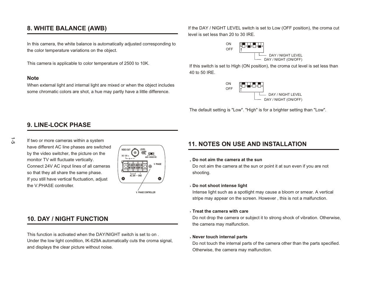 White balance (awb), Line-lock phase, Day / night function | Toshiba IK-629A User Manual | Page 7 / 9