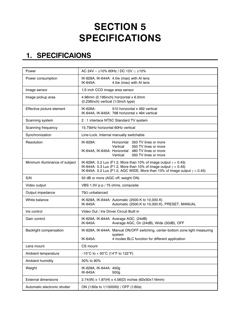 Specificaions | Toshiba IK-629A User Manual | Page 9 / 9