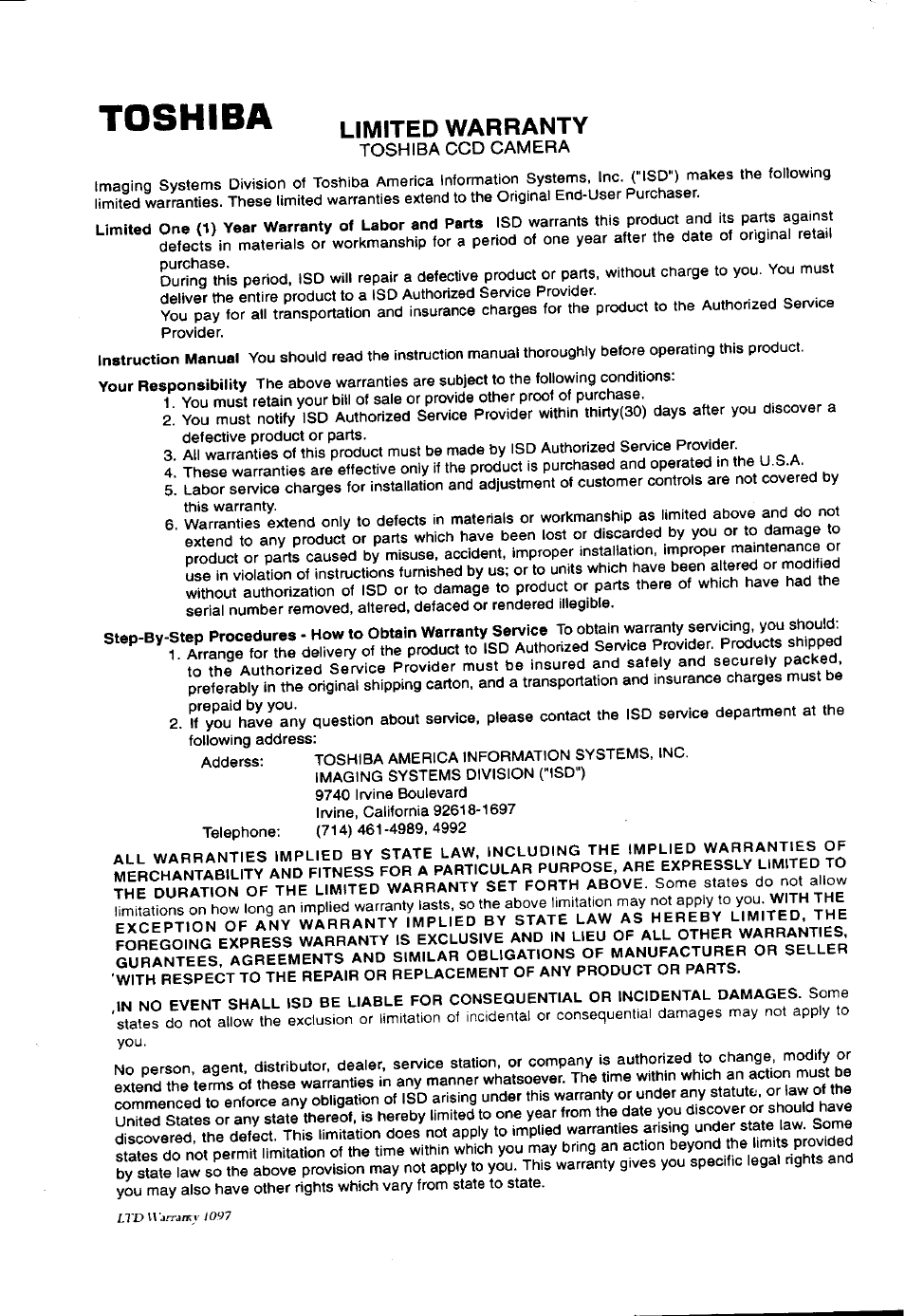 Limited warranty, Toshiba, Toshiba ccd camera | Toshiba IK-628A User Manual | Page 12 / 12