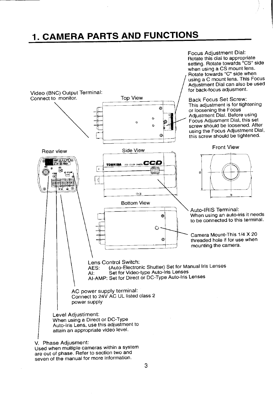 Camera parts and functions, T 7 ì ) q | Toshiba IK-628A User Manual | Page 4 / 12