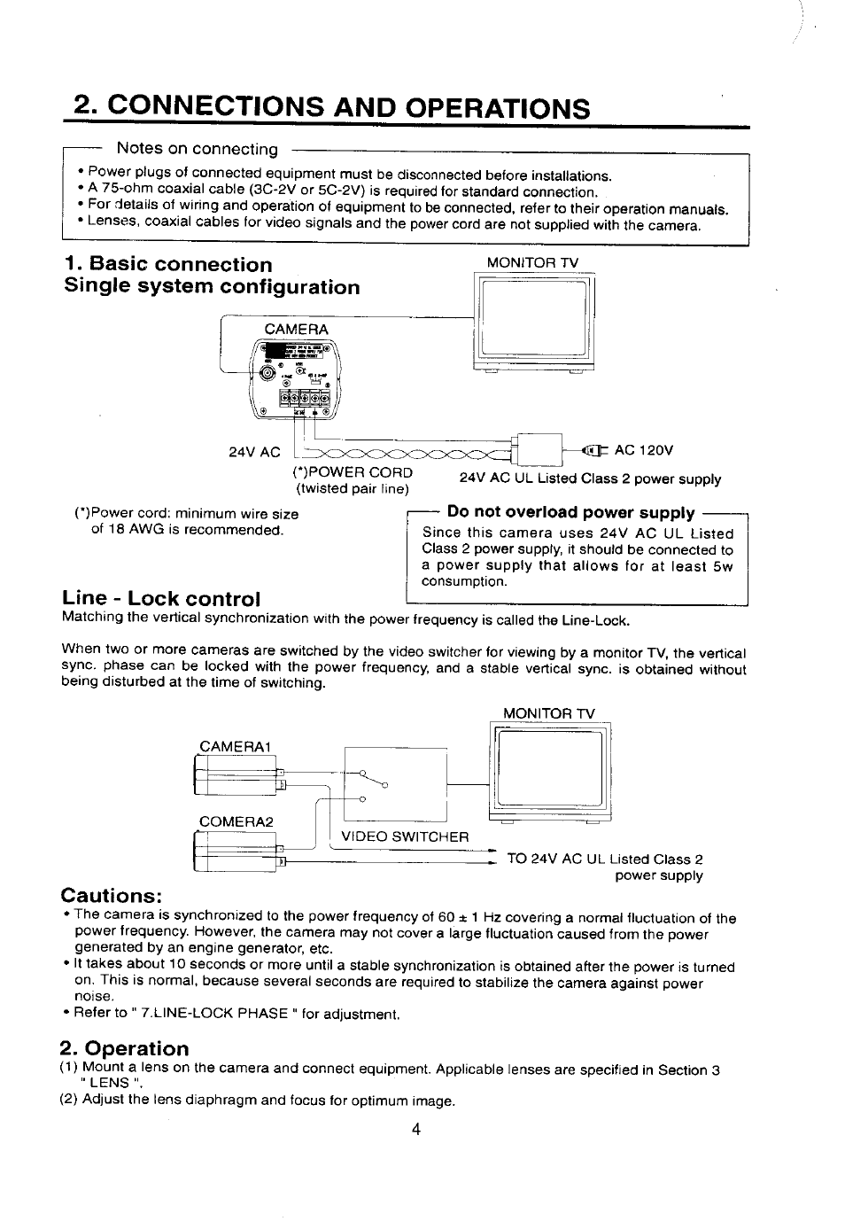 Connections and operations, Cautions, Operation | Line - lock control | Toshiba IK-628A User Manual | Page 5 / 12