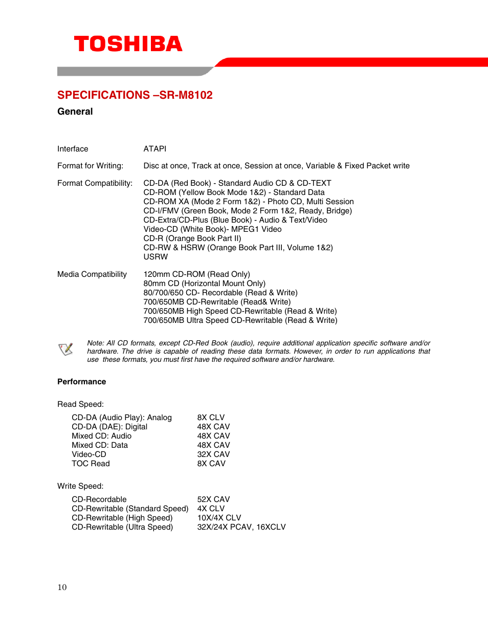 Specifications –sr-m8102 | Toshiba SR-M8102 User Manual | Page 12 / 16