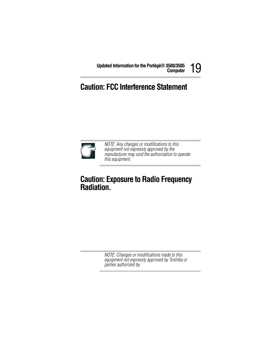 Caution: fcc interference statement, Caution: exposure to radio frequency radiation | Toshiba 3500 User Manual | Page 19 / 24
