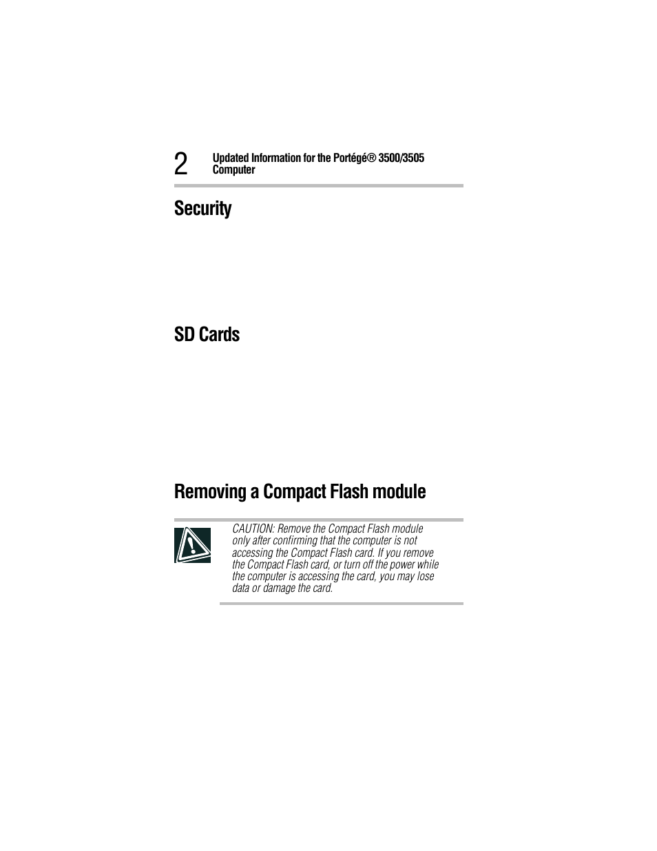 Security, Sd cards, Removing a compact flash module | Toshiba 3500 User Manual | Page 2 / 24