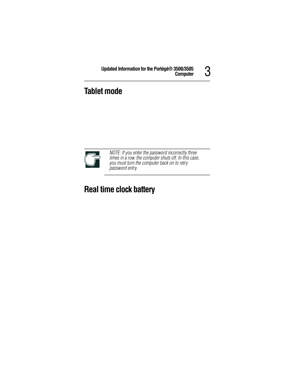 Tablet mode, Real time clock battery | Toshiba 3500 User Manual | Page 3 / 24