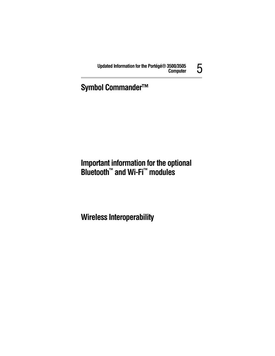 Symbol commander, Wireless interoperability, Important information for the optional bluetooth | And wi-fi, Modules | Toshiba 3500 User Manual | Page 5 / 24