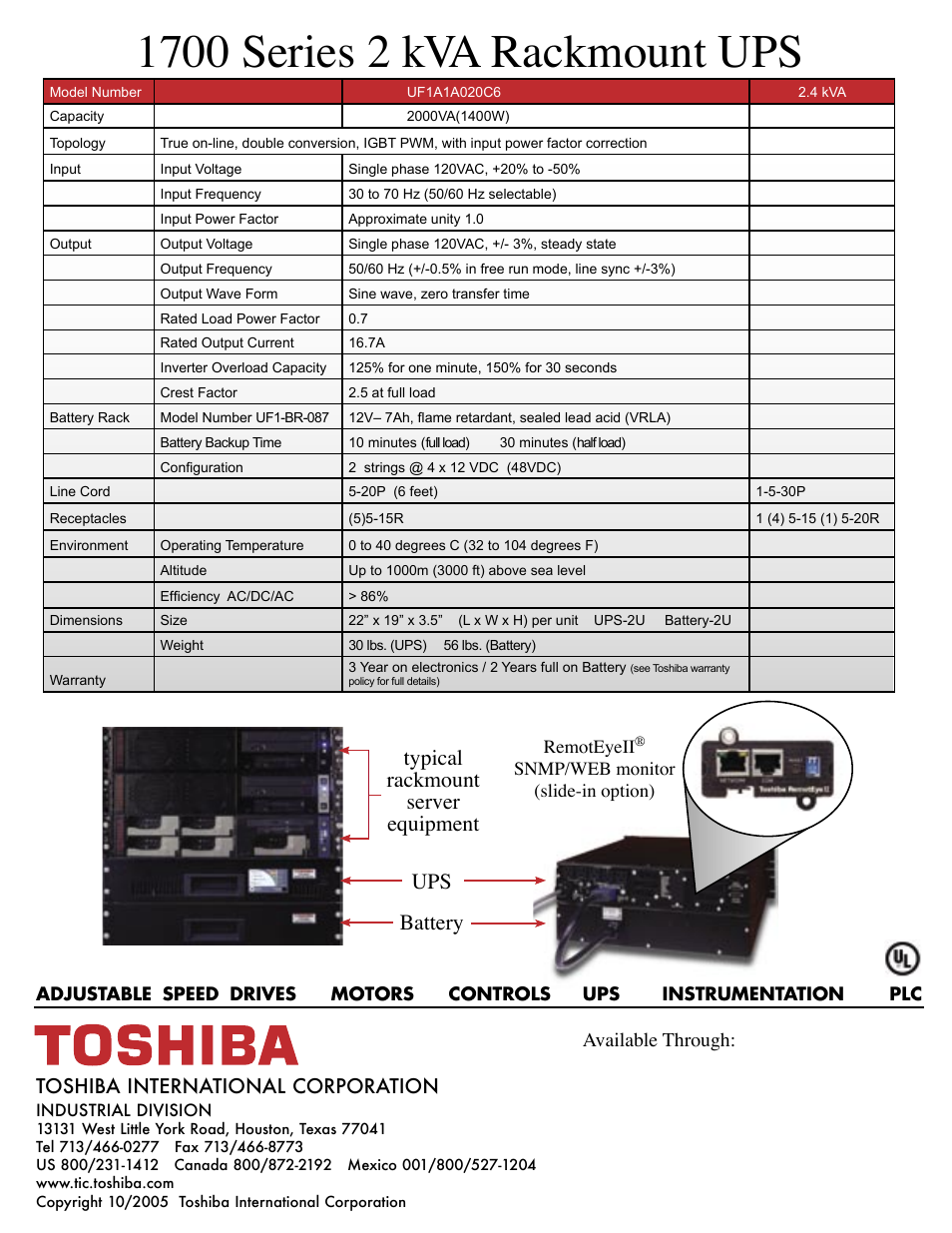 Ups battery, Typical rackmount server equipment, Toshiba international corporation | Available through | Toshiba 1700 Series User Manual | Page 2 / 2