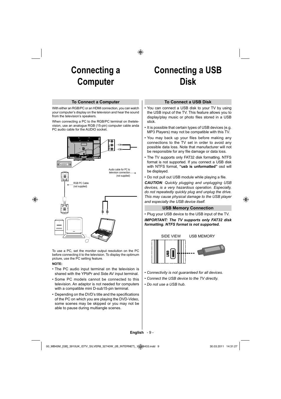 Connecting a computer connecting a usb disk | Toshiba 32BV500B User Manual | Page 10 / 38