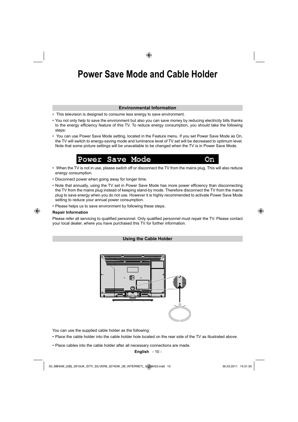 Power save mode and cable holder | Toshiba 32BV500B User Manual | Page 11 / 38