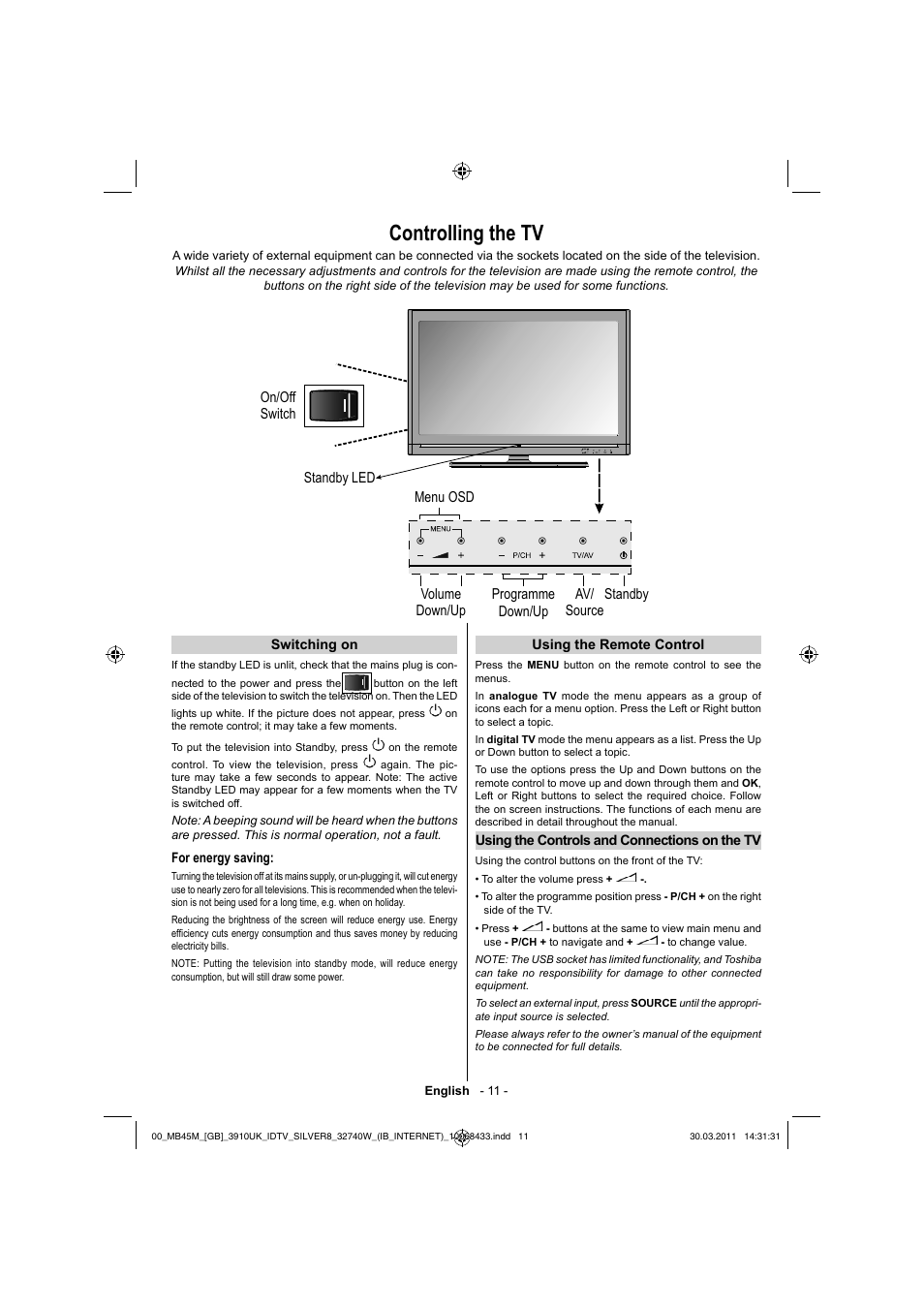 Controlling the tv | Toshiba 32BV500B User Manual | Page 12 / 38