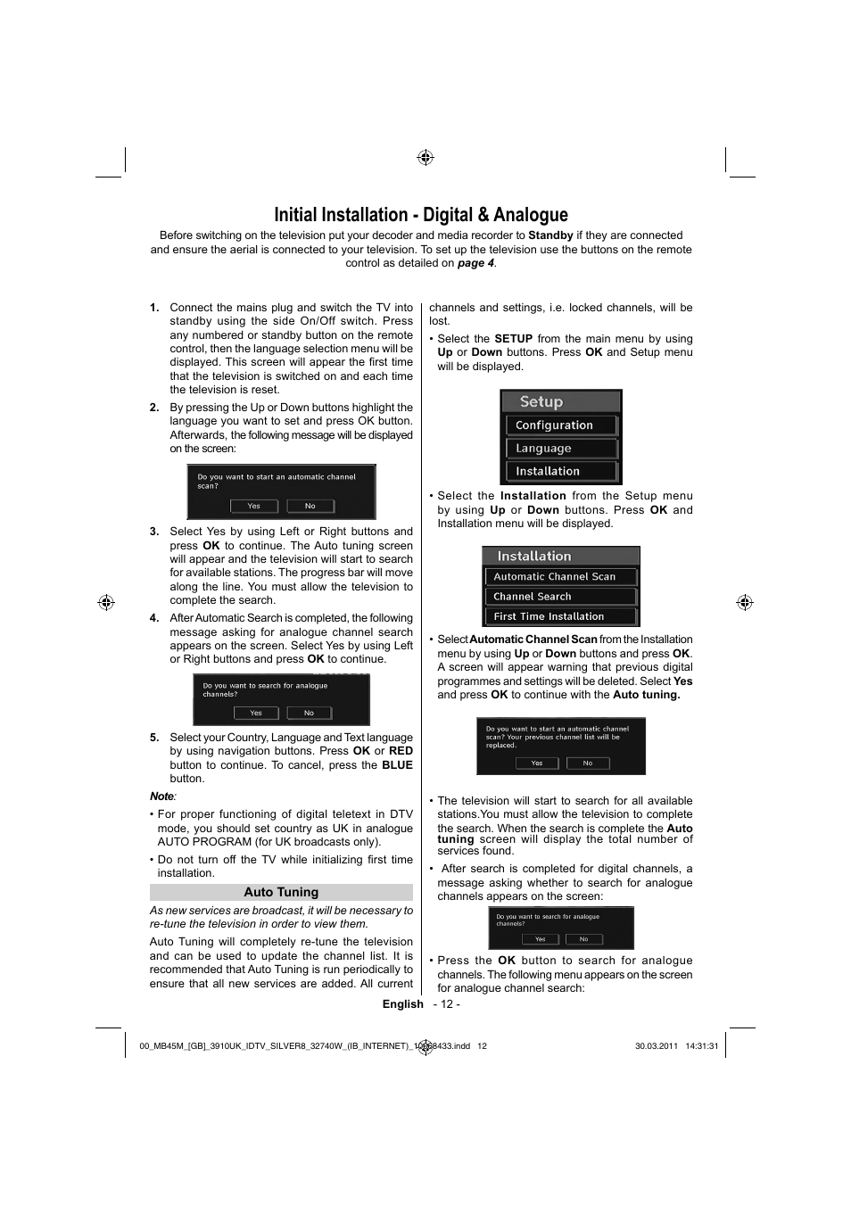 Initial installation - digital & analogue | Toshiba 32BV500B User Manual | Page 13 / 38