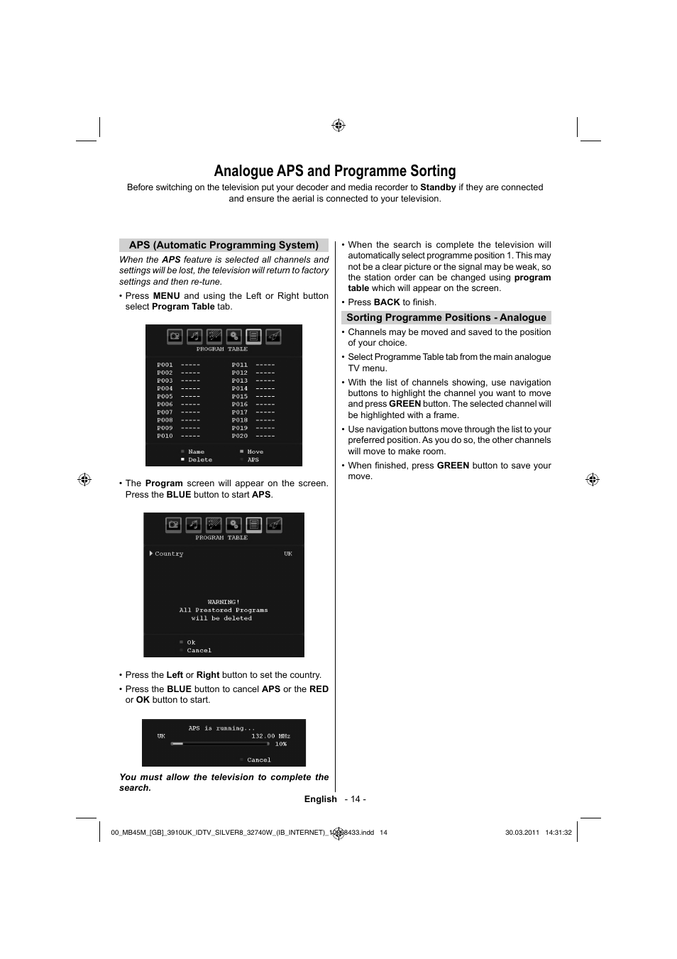 Analogue aps and programme sorting | Toshiba 32BV500B User Manual | Page 15 / 38