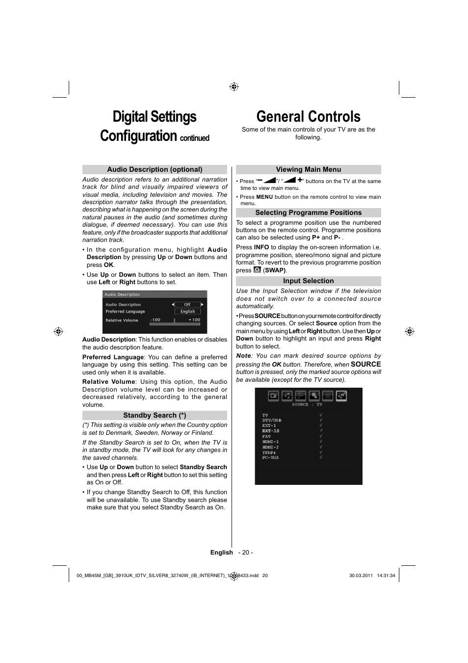 Digital settings confi guration, General controls, Continued | Toshiba 32BV500B User Manual | Page 21 / 38