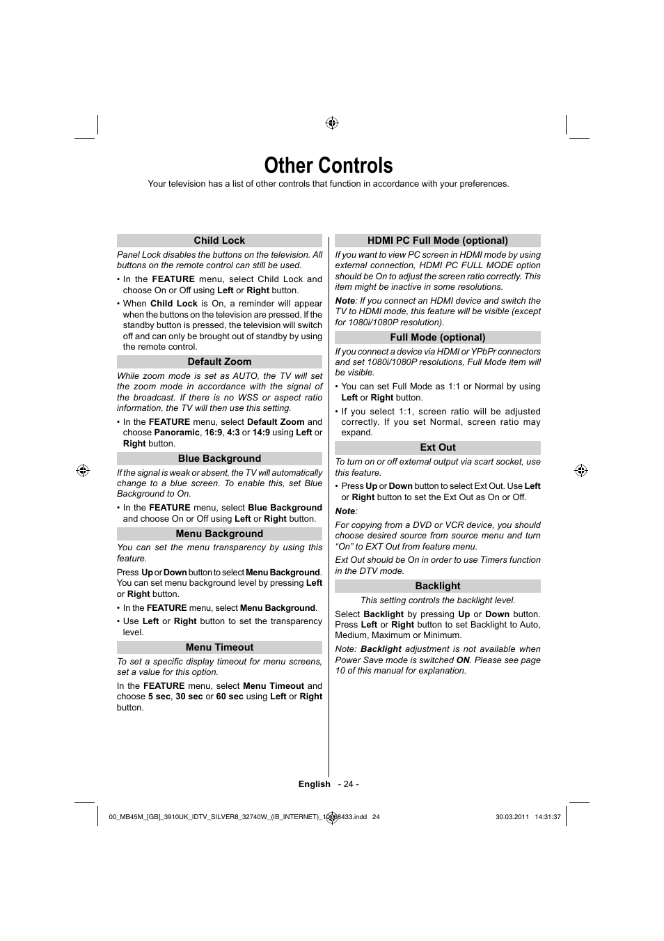 Other controls | Toshiba 32BV500B User Manual | Page 25 / 38