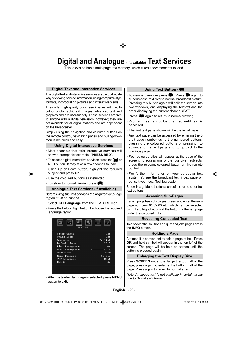 Digital and analogue, Text services | Toshiba 32BV500B User Manual | Page 30 / 38