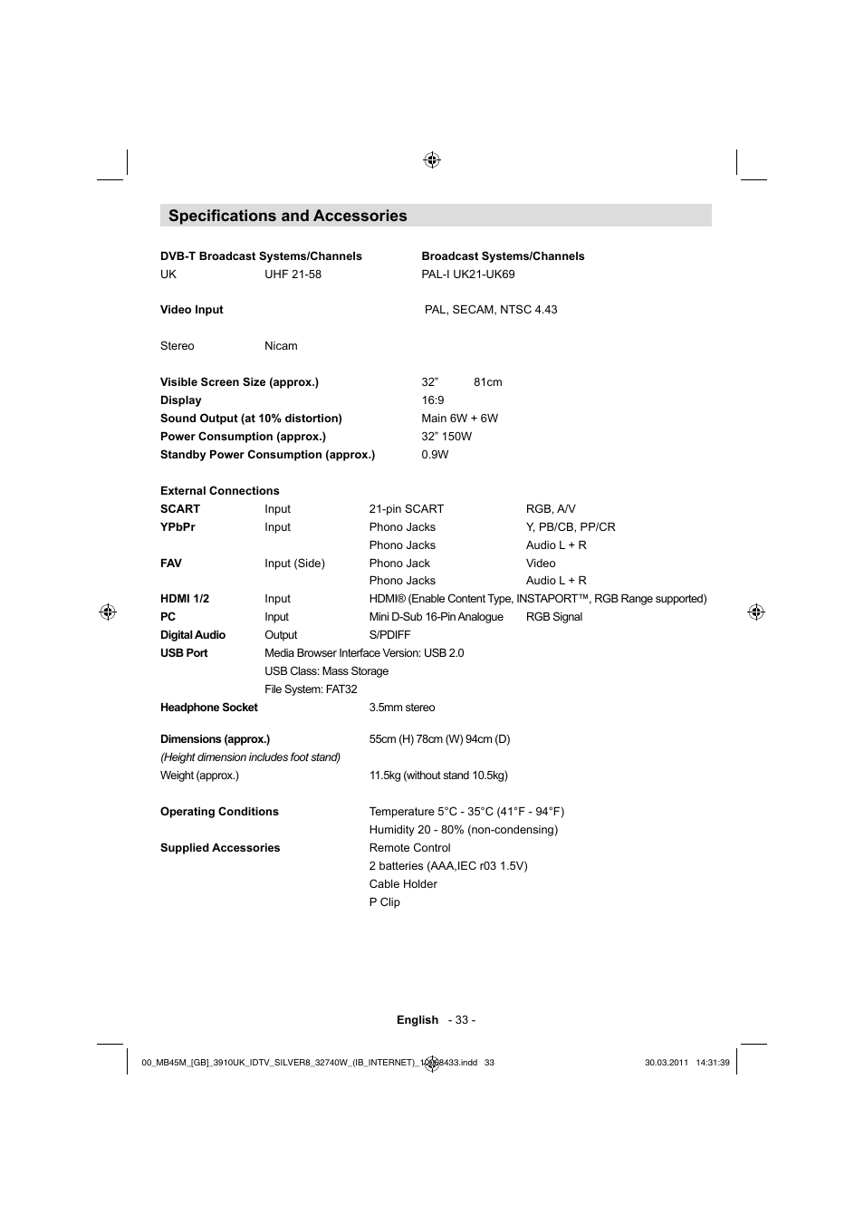 Specifi cations and accessories | Toshiba 32BV500B User Manual | Page 34 / 38