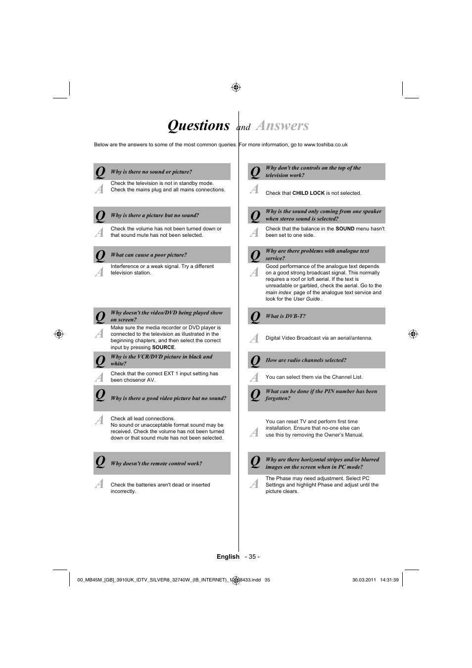 Questions, Answers | Toshiba 32BV500B User Manual | Page 36 / 38