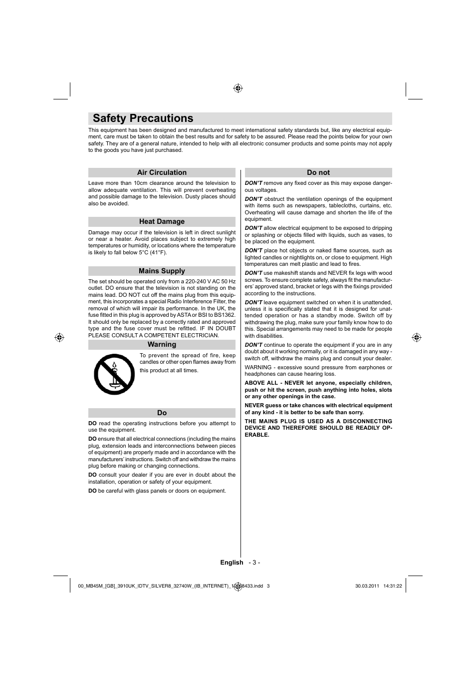 Safety precautions | Toshiba 32BV500B User Manual | Page 4 / 38