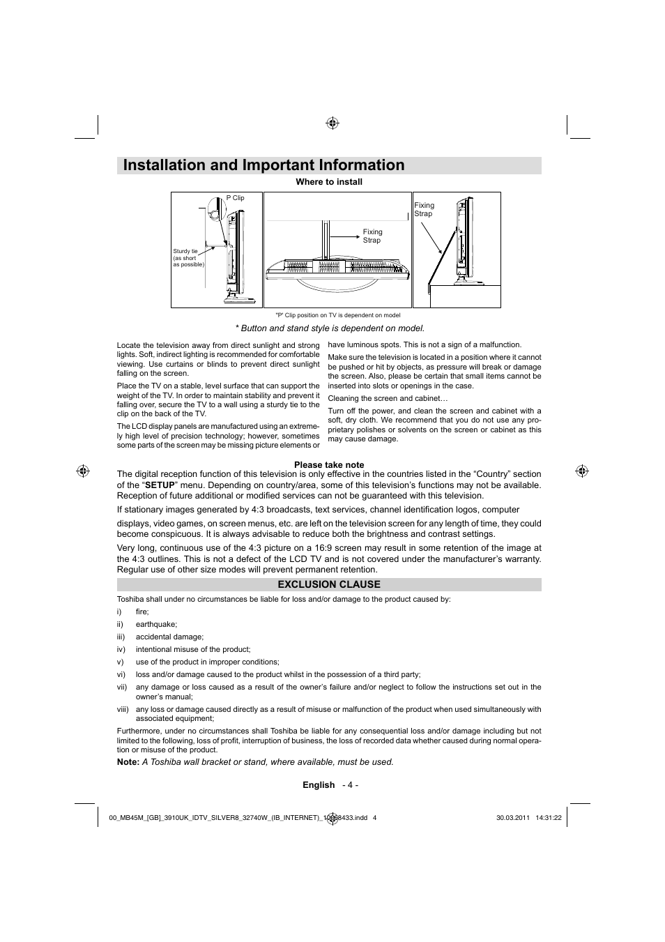 Installation and important information | Toshiba 32BV500B User Manual | Page 5 / 38