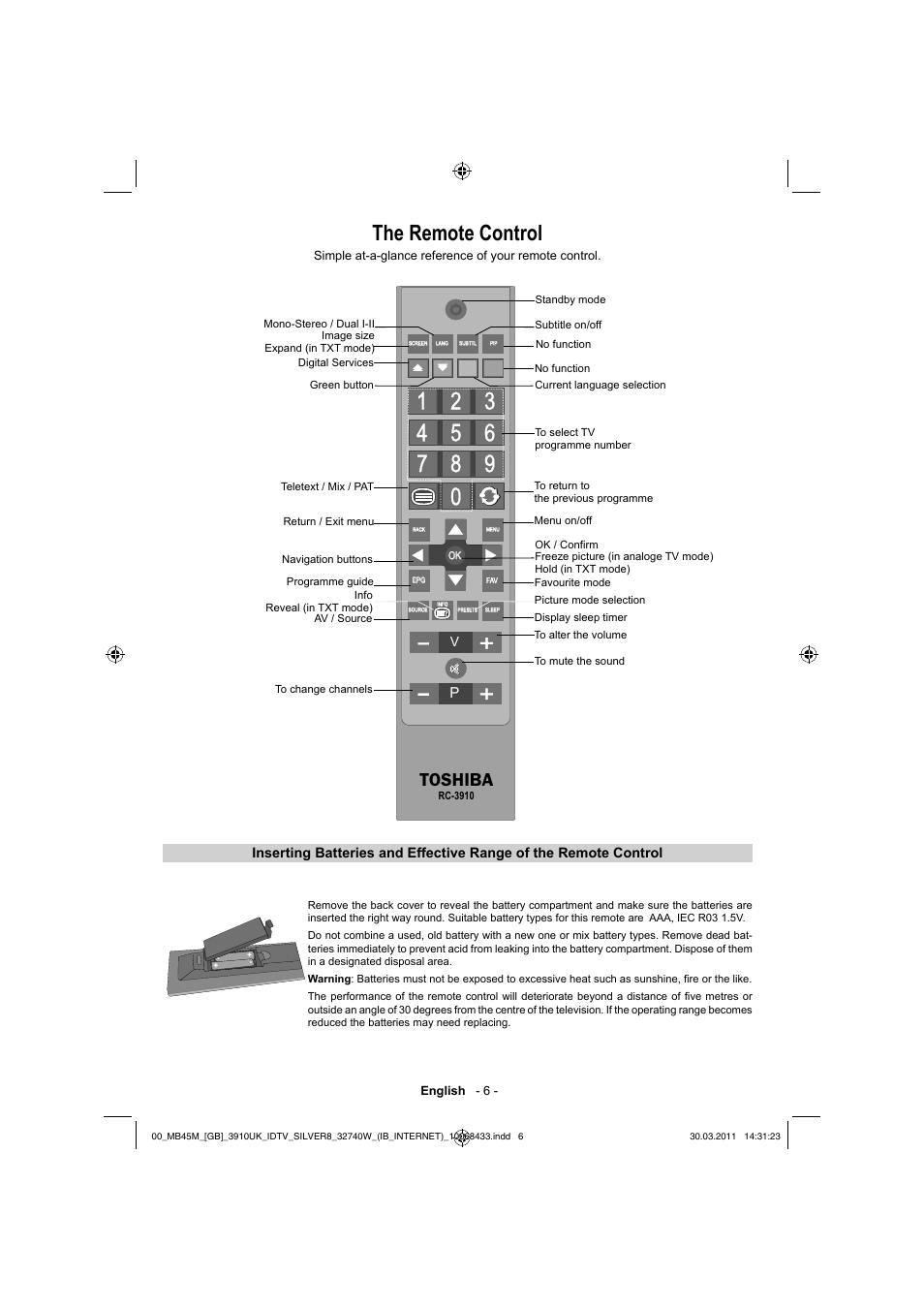 The remote control, Toshiba | Toshiba 32BV500B User Manual | Page 7 / 38