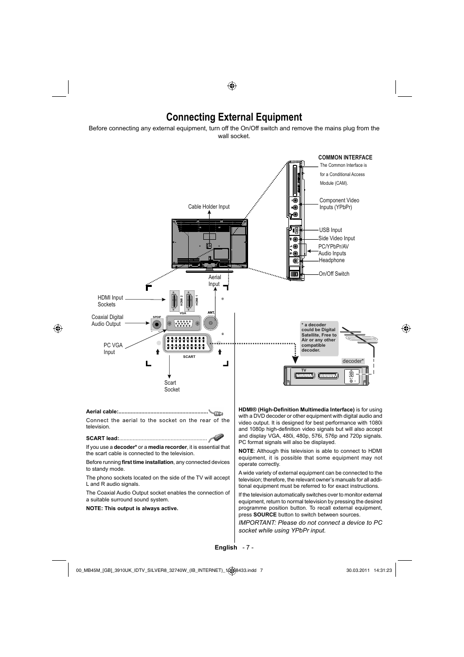 Connecting external equipment | Toshiba 32BV500B User Manual | Page 8 / 38