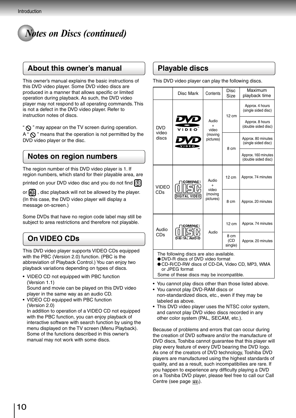 Playable discs, About this owner’s manual, On video cds | Toshiba SD-3980SC User Manual | Page 10 / 61