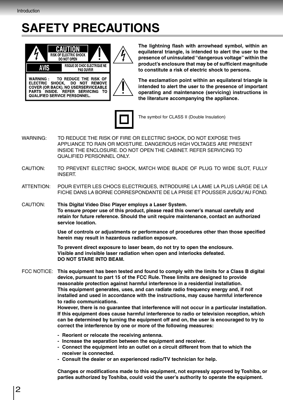 Safety precautions | Toshiba SD-3980SC User Manual | Page 2 / 61