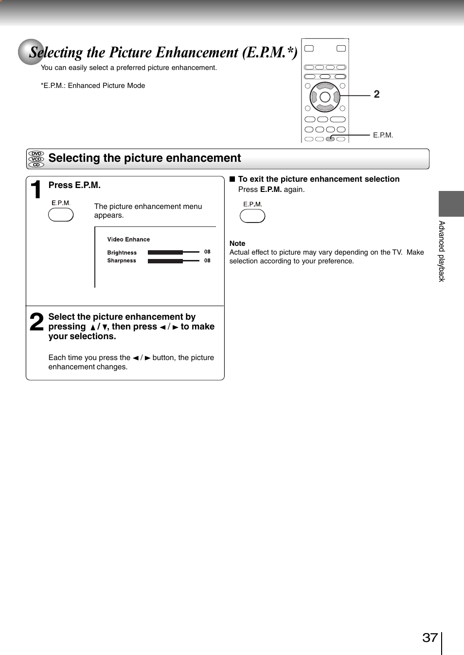 Selecting the picture enhancement (e.p.m.*) | Toshiba SD-3980SC User Manual | Page 35 / 61