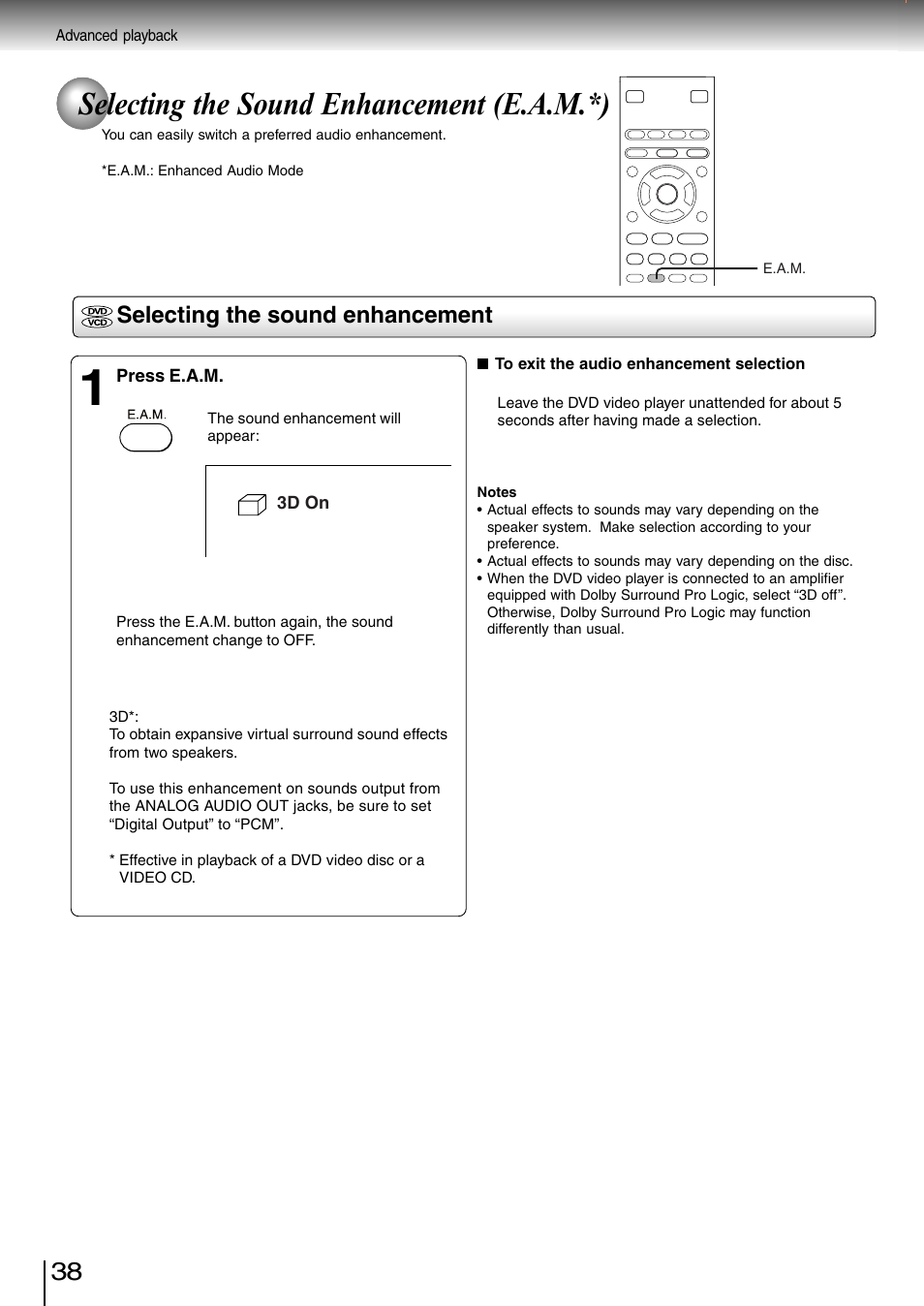 Selecting the sound enhancement (e.a.m.*), Selecting the sound enhancement | Toshiba SD-3980SC User Manual | Page 36 / 61