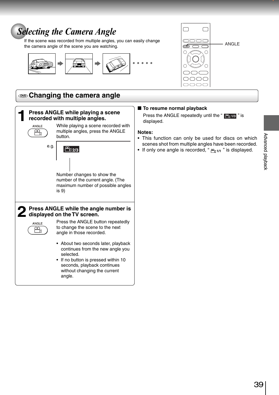 Selecting the camera angle, Changing the camera angle | Toshiba SD-3980SC User Manual | Page 37 / 61