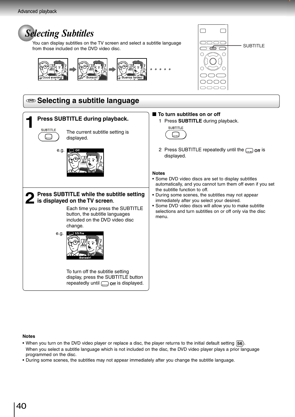 Selecting subtitles, Selecting a subtitle language | Toshiba SD-3980SC User Manual | Page 38 / 61