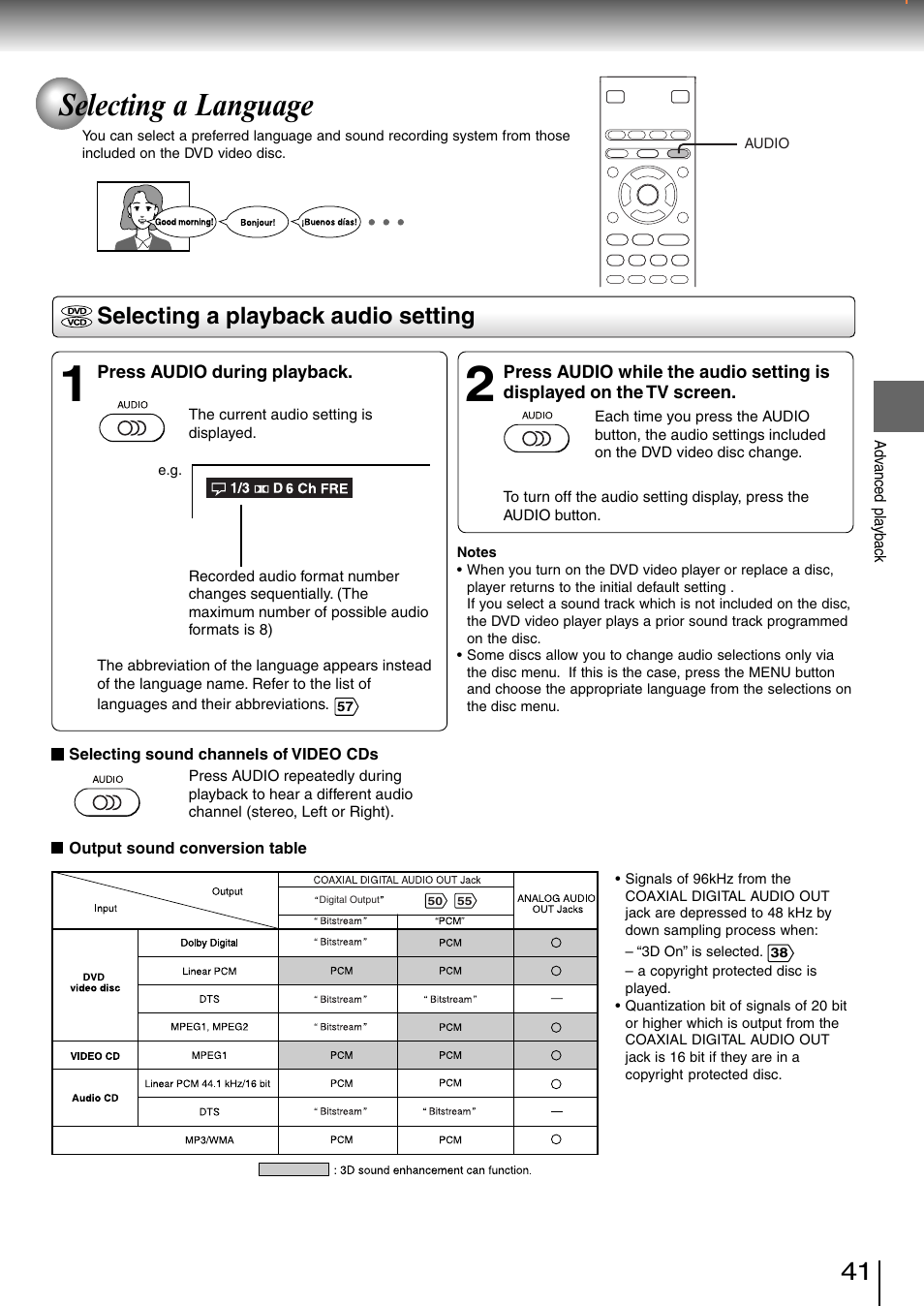 Selecting a language, Selecting a playback audio setting | Toshiba SD-3980SC User Manual | Page 39 / 61