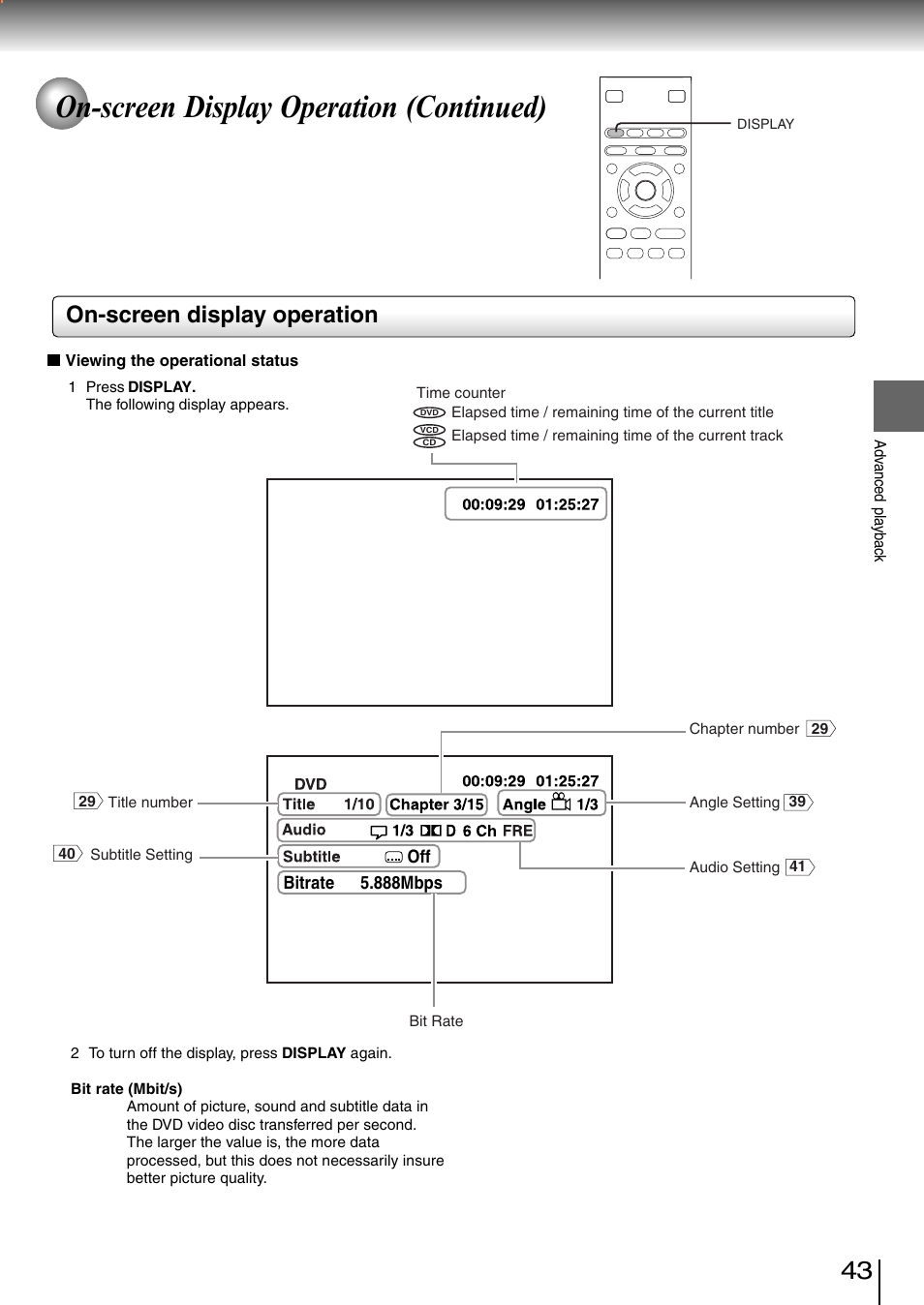 On-screen display operation (continued), On-screen display operation | Toshiba SD-3980SC User Manual | Page 41 / 61