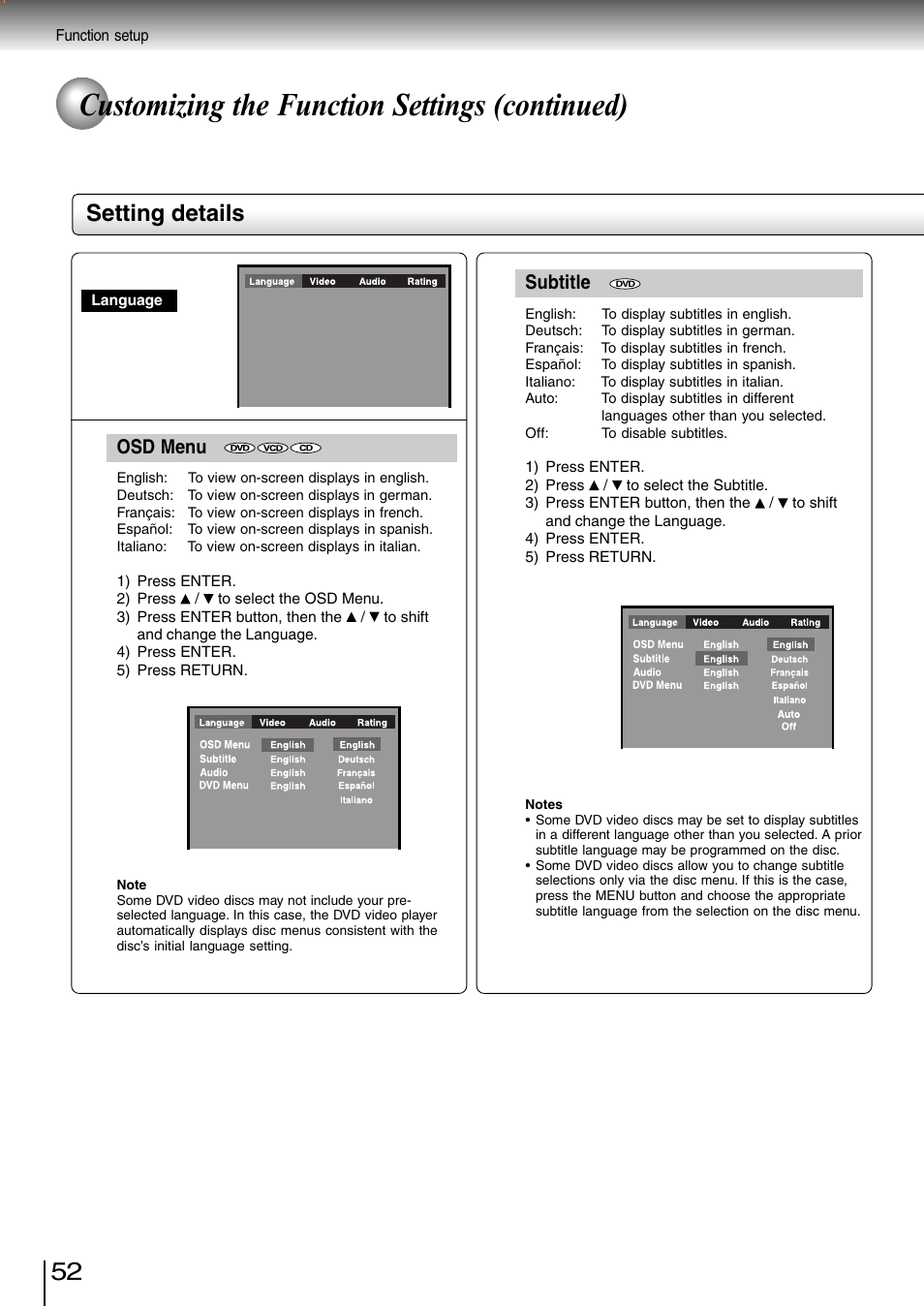 Customizing the function settings (continued), Setting details, Osd menu | Subtitle | Toshiba SD-3980SC User Manual | Page 50 / 61