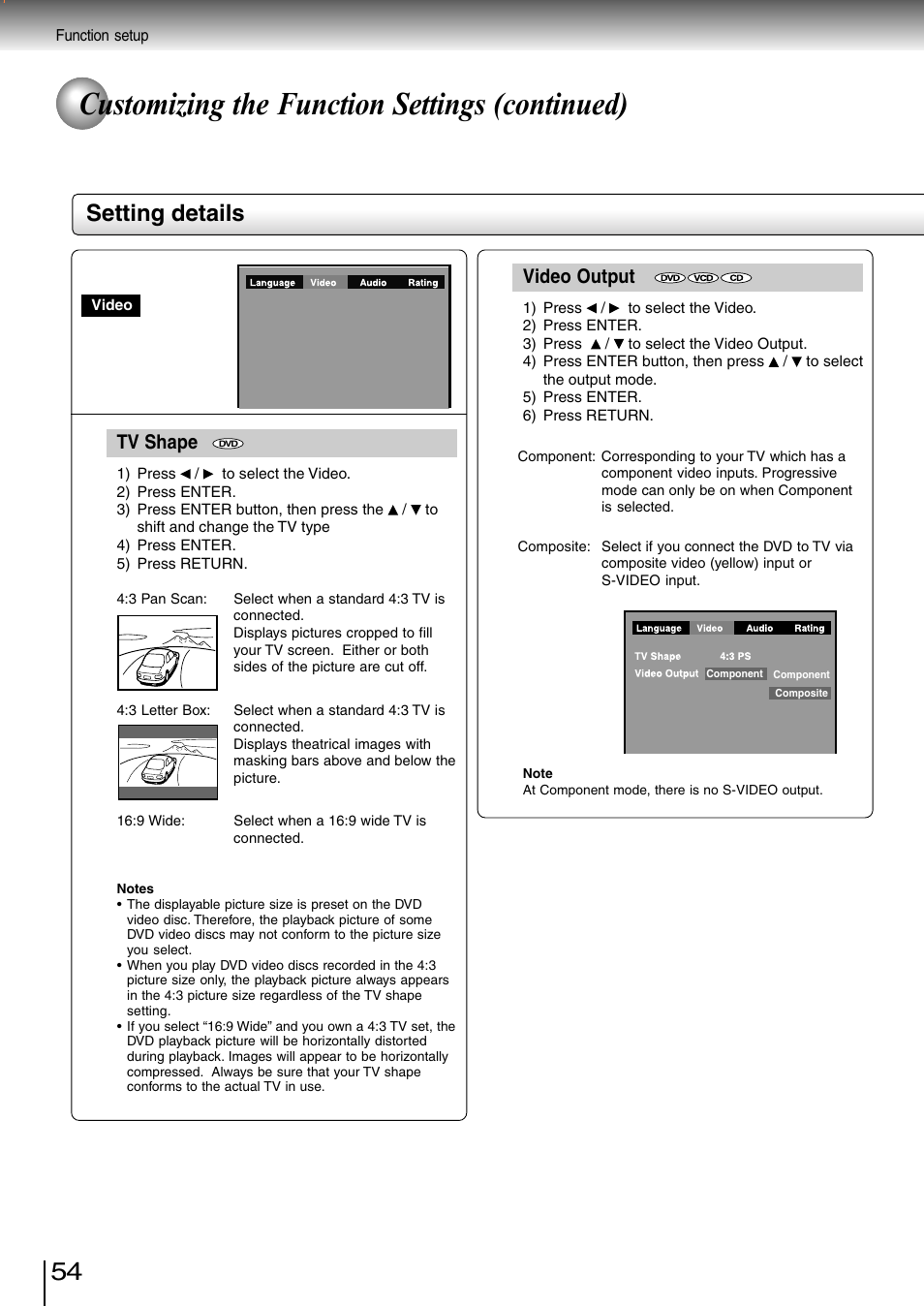 Customizing the function settings (continued), Setting details, Tv shape | Video output | Toshiba SD-3980SC User Manual | Page 52 / 61