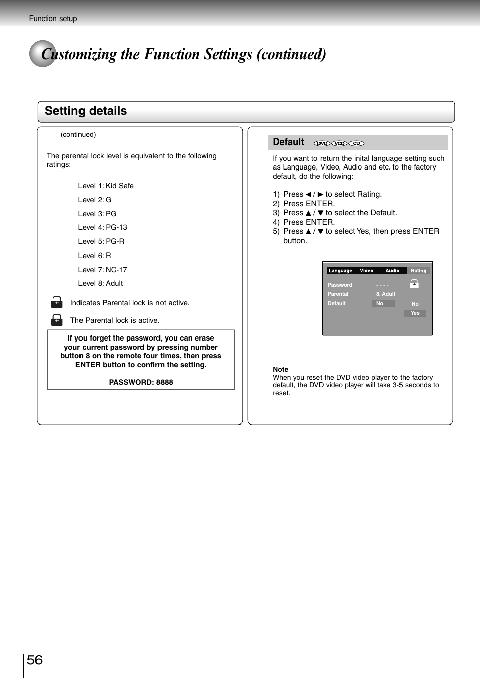 Customizing the function settings (continued), Setting details, Default | Toshiba SD-3980SC User Manual | Page 54 / 61