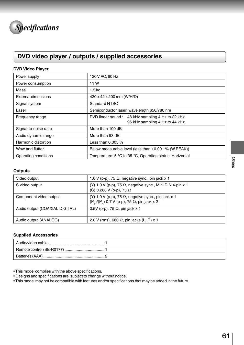 Specifications, Dvd video player / outputs / supplied accessories | Toshiba SD-3980SC User Manual | Page 58 / 61