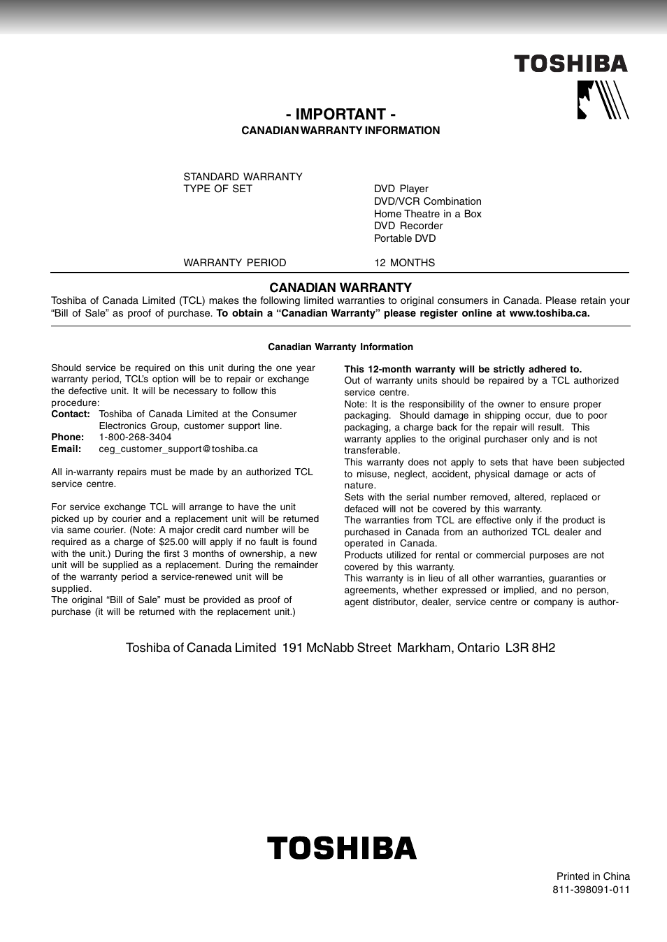 Important, Canadian warranty | Toshiba SD-3980SC User Manual | Page 61 / 61