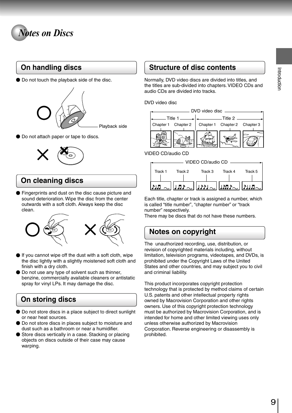 On handling discs, On cleaning discs, On storing discs | Structure of disc contents | Toshiba SD-3980SC User Manual | Page 9 / 61