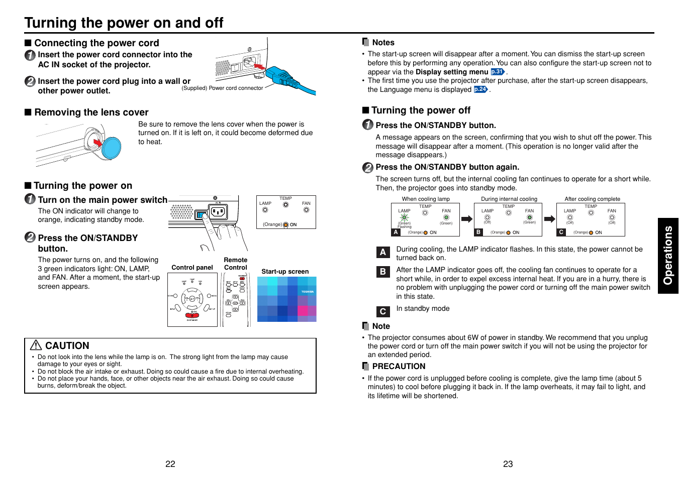 Operations, Turning the power on and off, P.22 | P.23 | Toshiba TDP-SC25 User Manual | Page 12 / 25