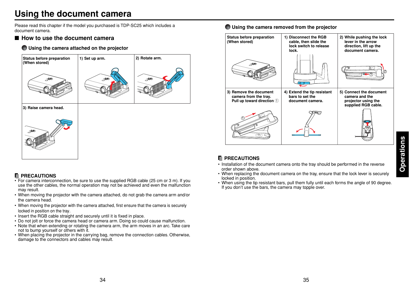 Using the document camera, How to use the document camera, Operations | Toshiba TDP-SC25 User Manual | Page 18 / 25