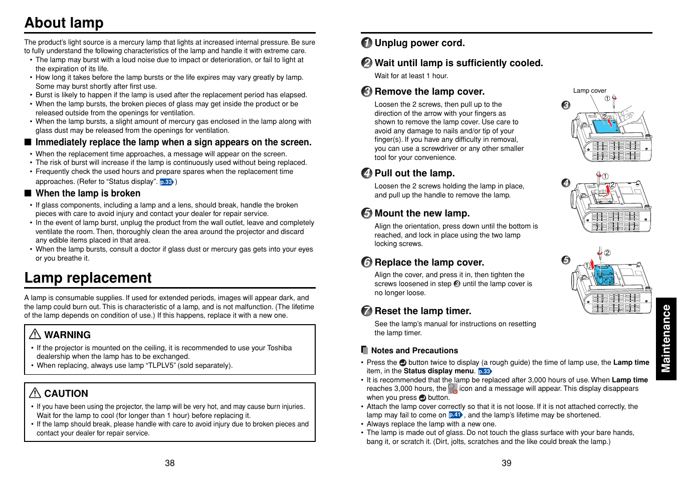 Maintenance, About lamp, Lamp replacement | P.39 | Toshiba TDP-SC25 User Manual | Page 20 / 25