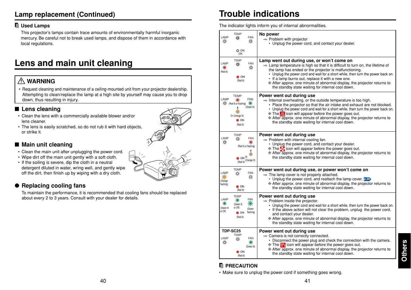 Lens and main unit cleaning, Others, Trouble indications | P.41, Lamp replacement (continued), Warning, Lens cleaning, Main unit cleaning, Replacing cooling fans | Toshiba TDP-SC25 User Manual | Page 21 / 25