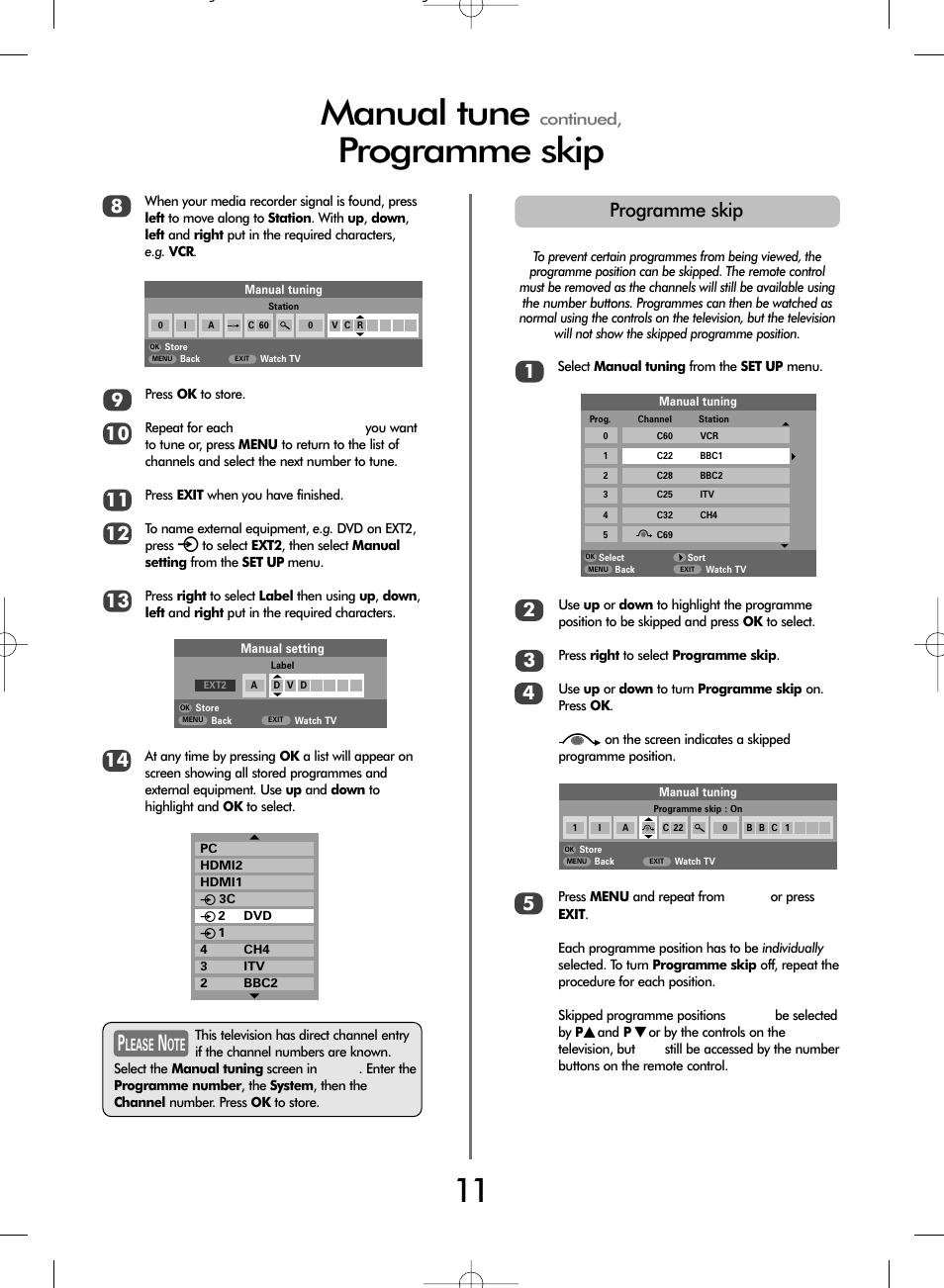 Manual tune, Programme skip, Continued | Lease | Toshiba WL66 User Manual | Page 11 / 28