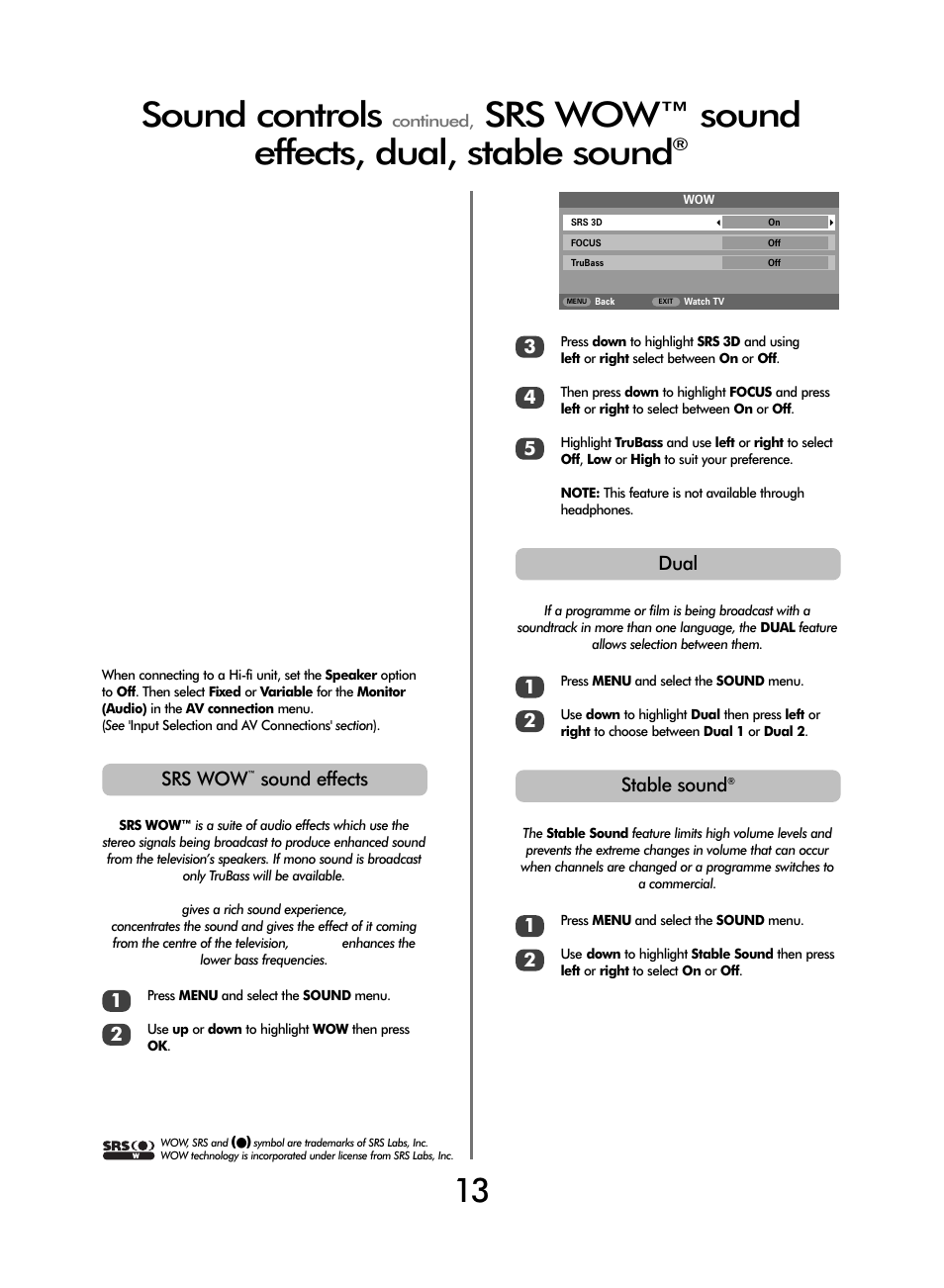 Sound controls, Srs wow™ sound effects, dual, stable sound, Srs wow | Sound effects, Stable sound, Dual | Toshiba WL66 User Manual | Page 13 / 28