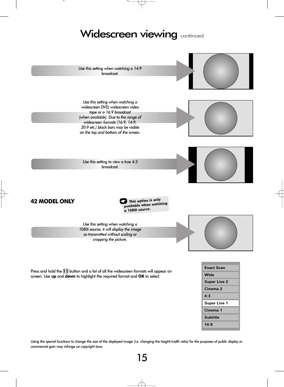 Widescreen viewing, Exact scan, 42 model only | Wide | Toshiba WL66 User Manual | Page 15 / 28